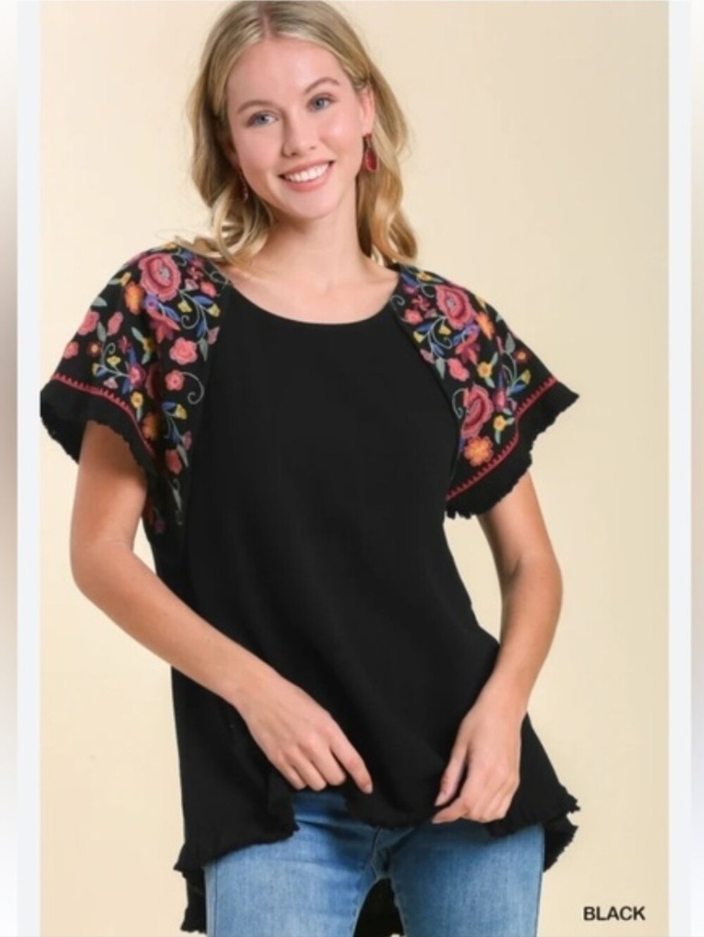 Umgee Black Embroidered Flutter Sleeve Top